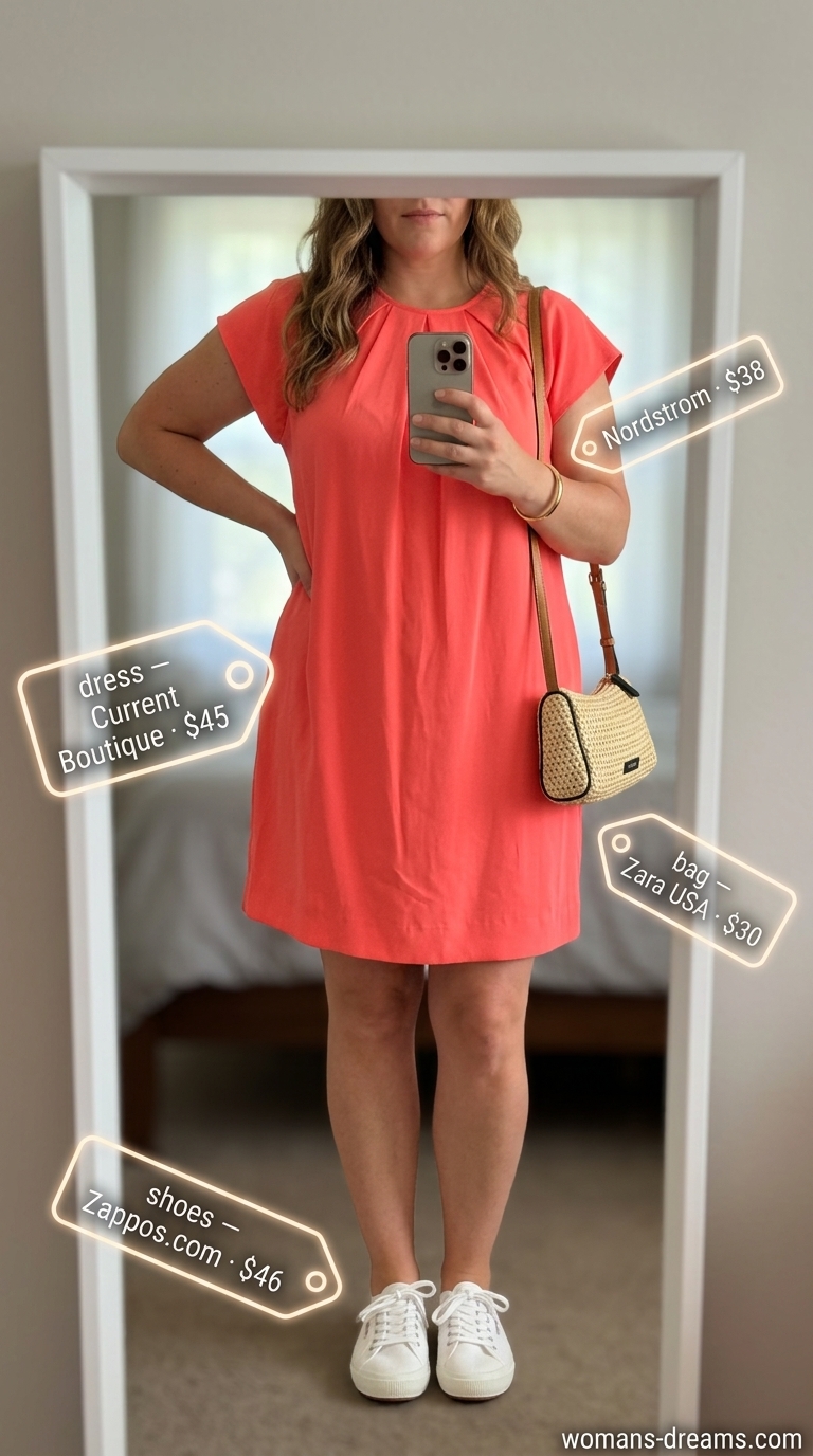 Coral mini dress with canvas sneakers for summer must have wardrobe outfits for women 2026.
