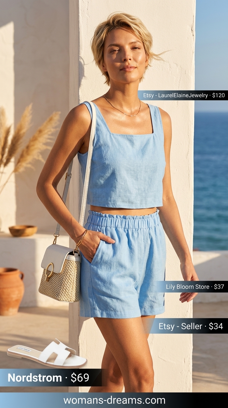 Sky blue linen shorts set for summer must have wardrobe outfits for women 2026.