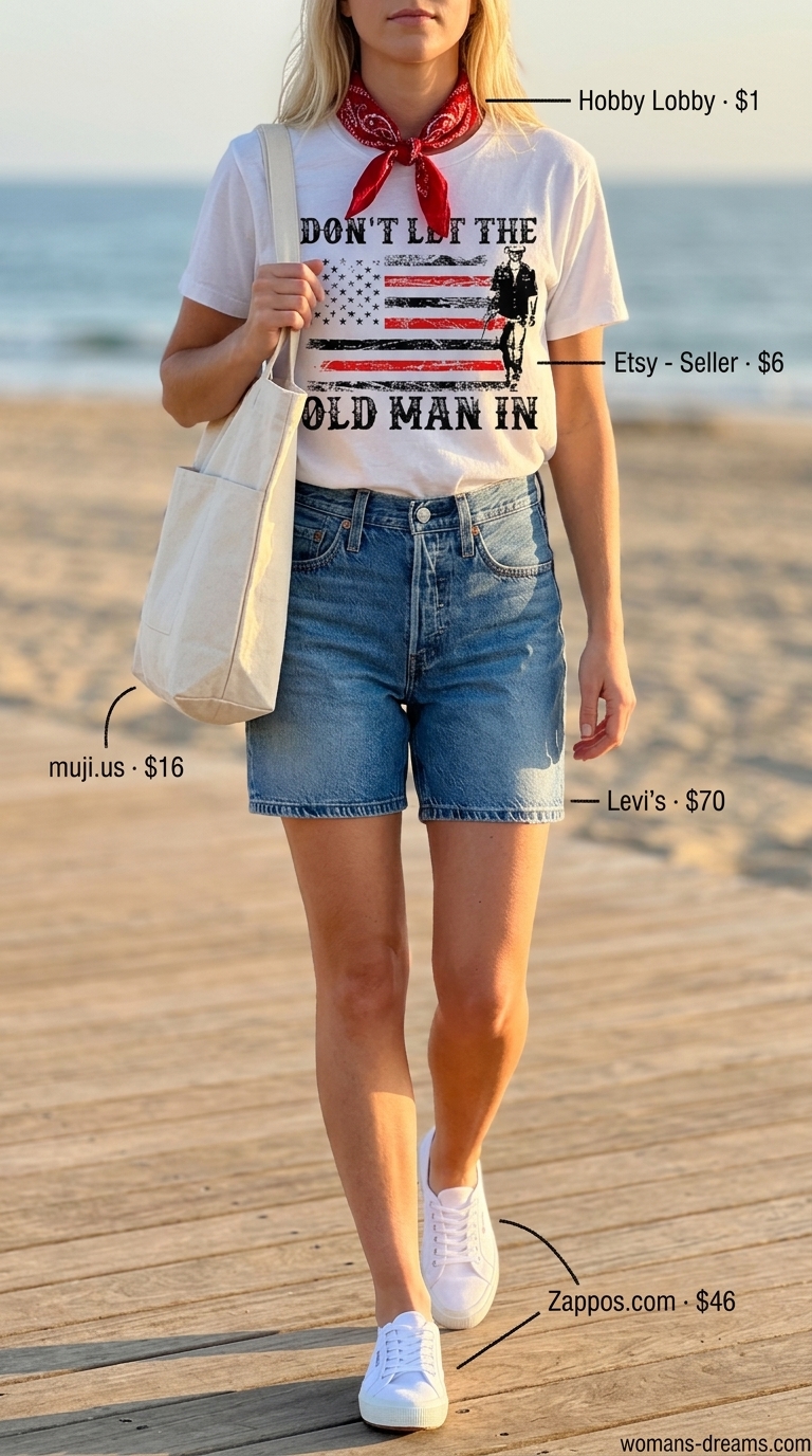 Casual denim shorts outfit for women, featuring a graphic tee and bandana for summer 2026.