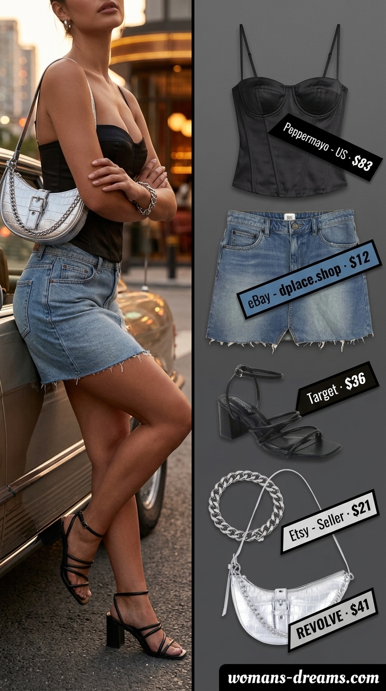 Denim mini skirt and corset top outfit for women, trendy for summer nights in 2026.