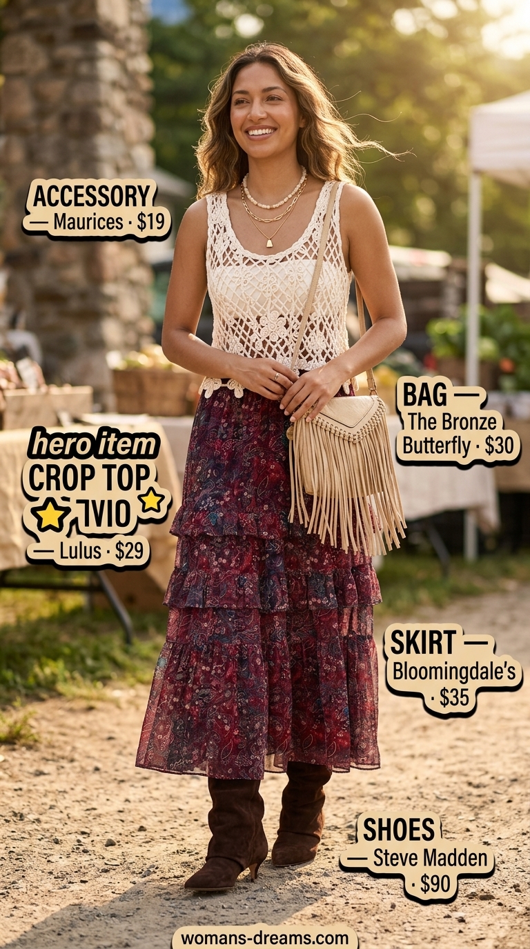 Summer festival outfit: Cream crochet crop top, brown tiered maxi skirt, suede boots, gold jewelry. Must-have wardrobe for women 2026.