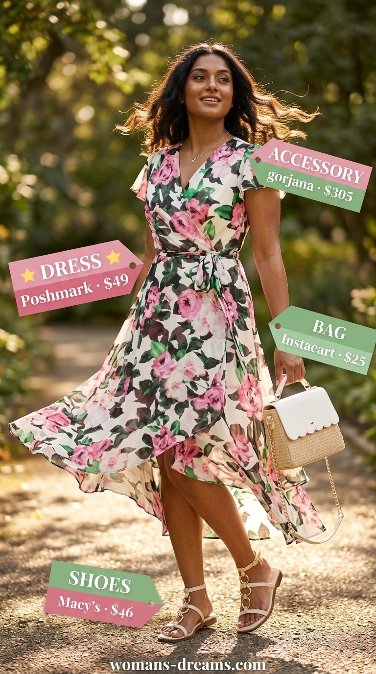 Pastel pink floral midi dress for women, perfect for garden parties and summer weddings in 2026.