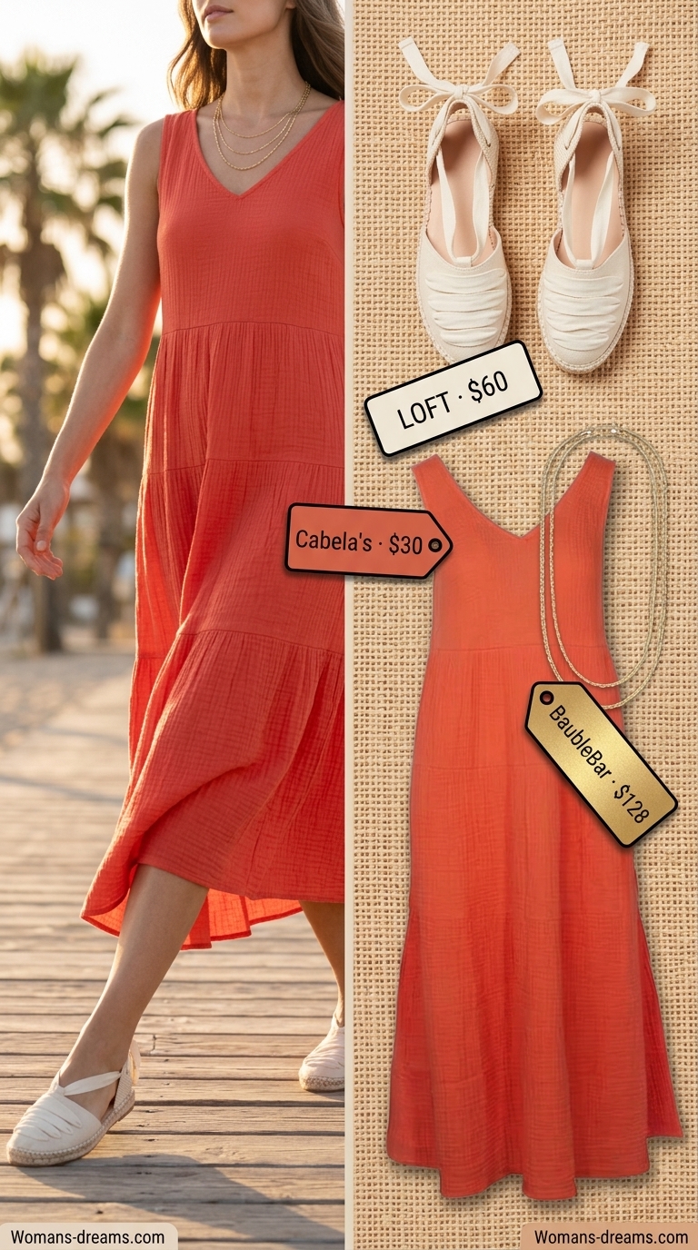 Coral linen maxi dress with raffia tote and espadrilles for summer must have wardrobe outfits for women 2026.
