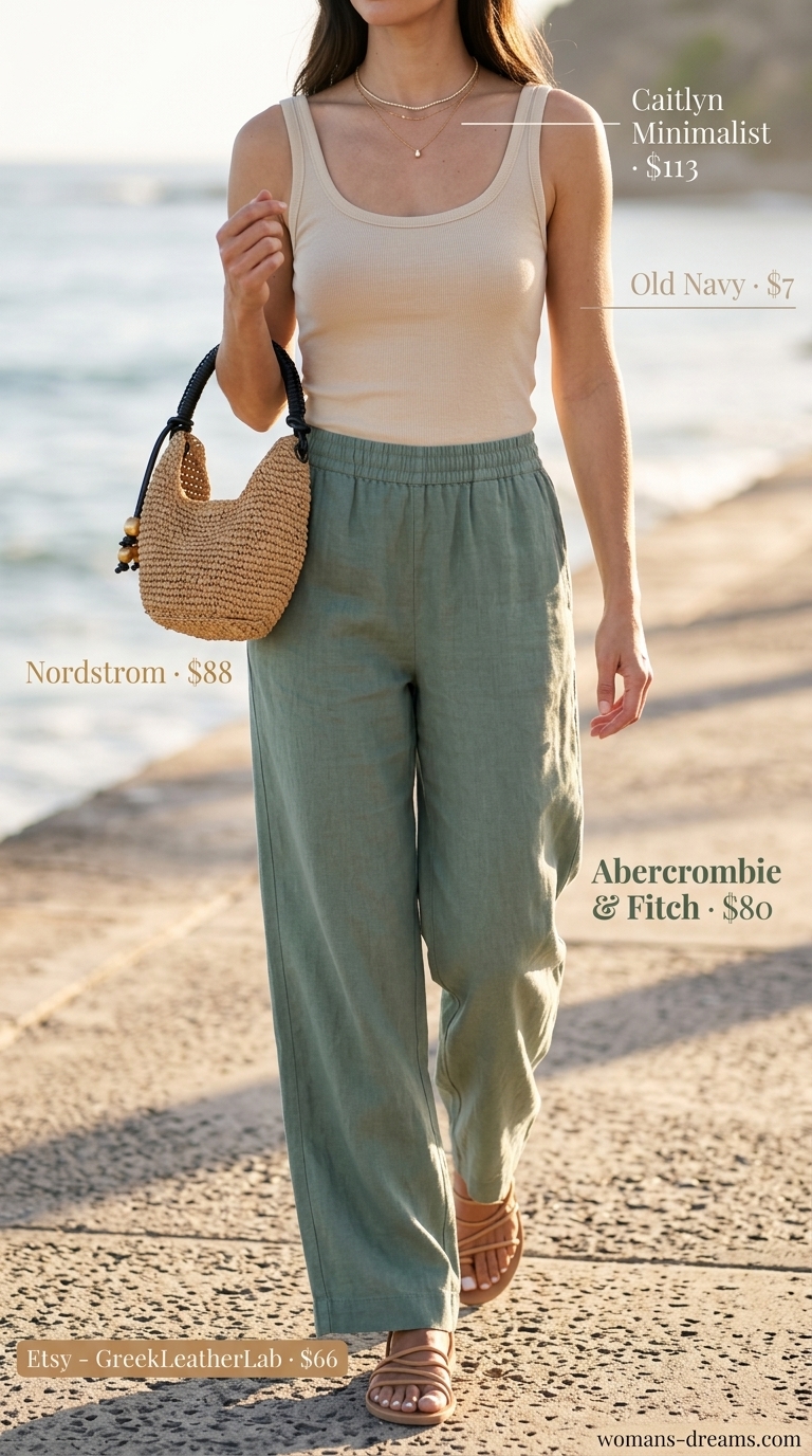 Sage green linen pants outfit for women, chic for evening outings in 2026.