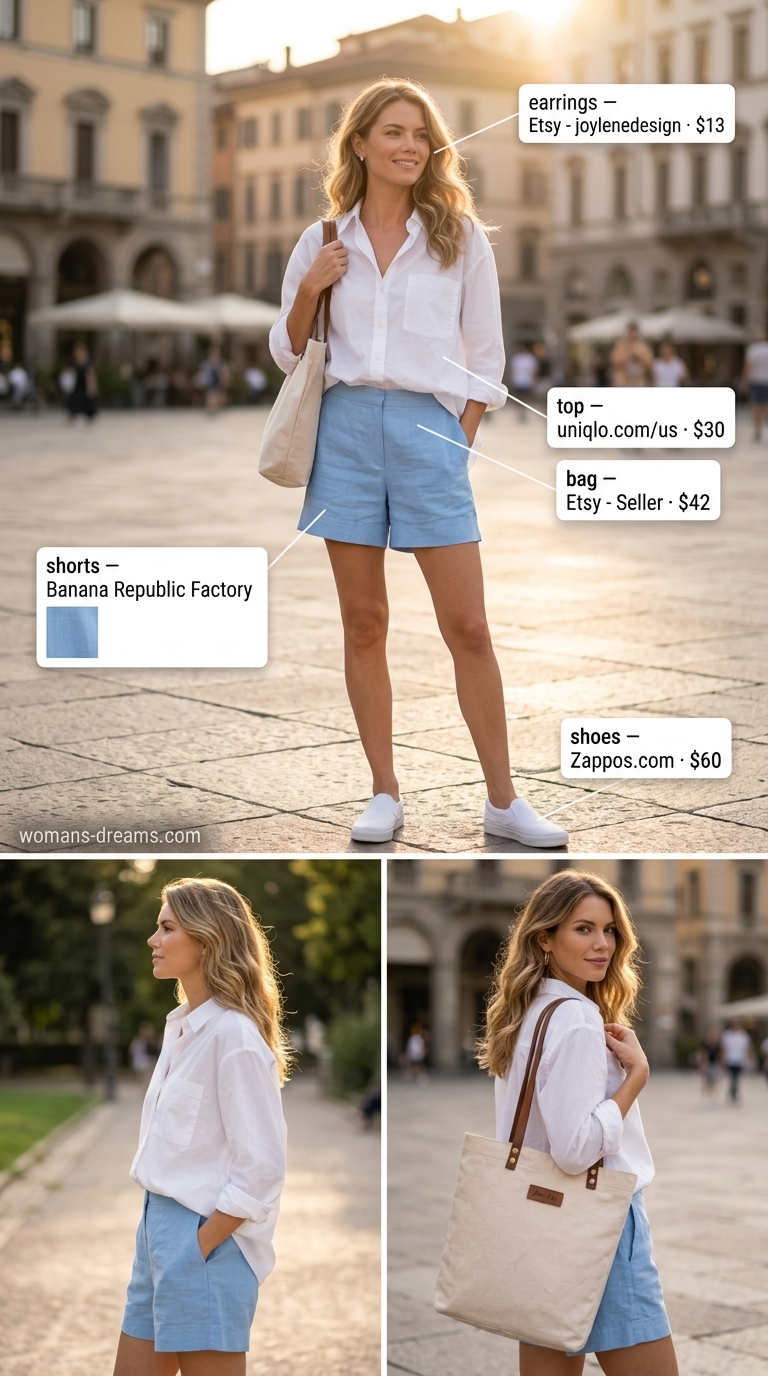 Casual park picnic outfit: Light blue linen shorts, oversized white shirt, canvas sneakers, tote bag. Summer must-have wardrobe outfits for women 2026.