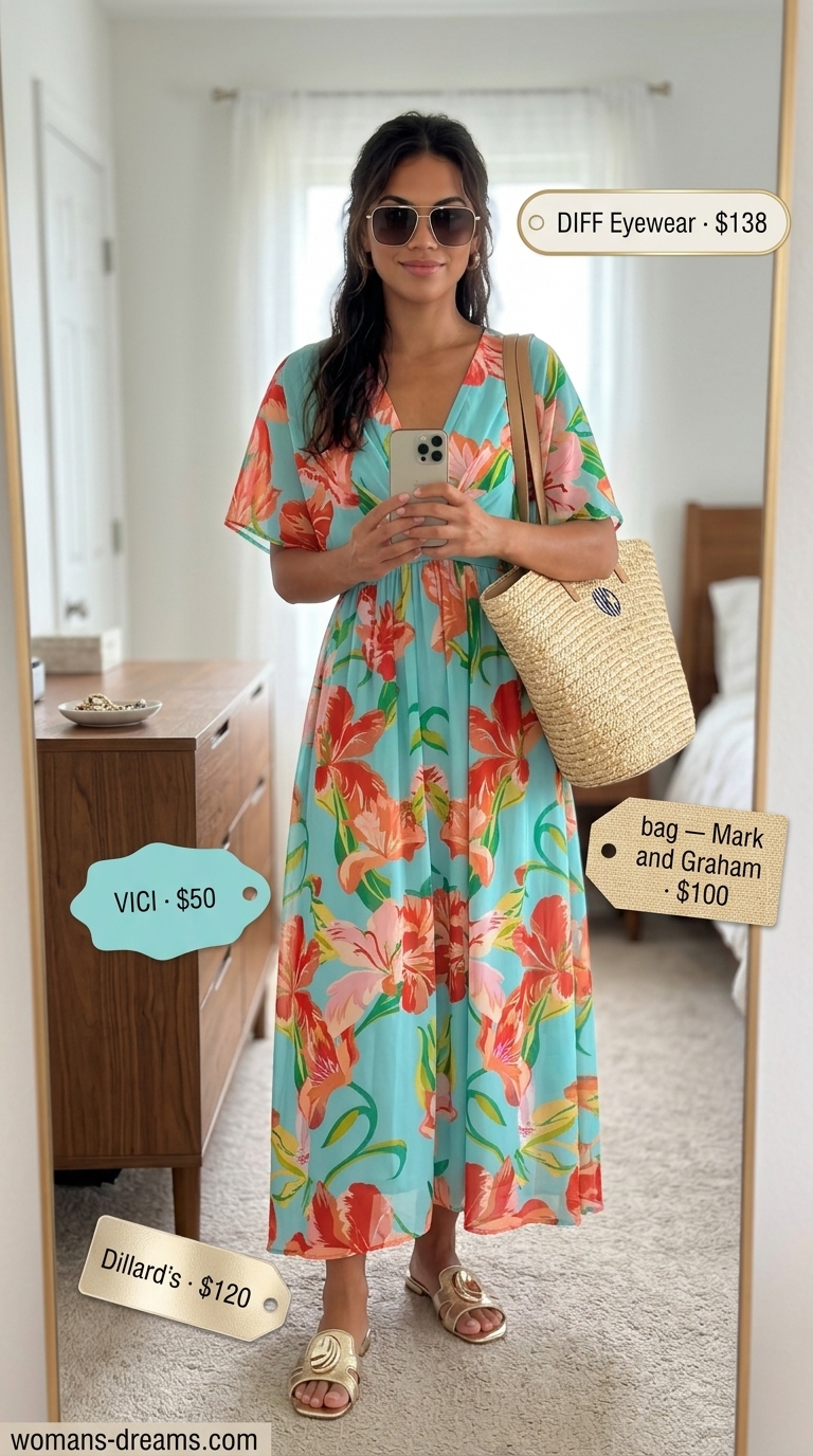 Beach day maxi caftan outfit: Turquoise print caftan, straw tote, embellished sandals, oversized sunglasses. Summer must-have wardrobe outfits for women 2026.