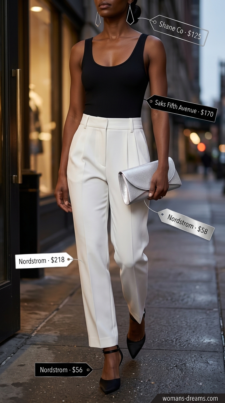 White wide-leg trousers and black bodysuit for summer must have wardrobe outfits for women 2026.