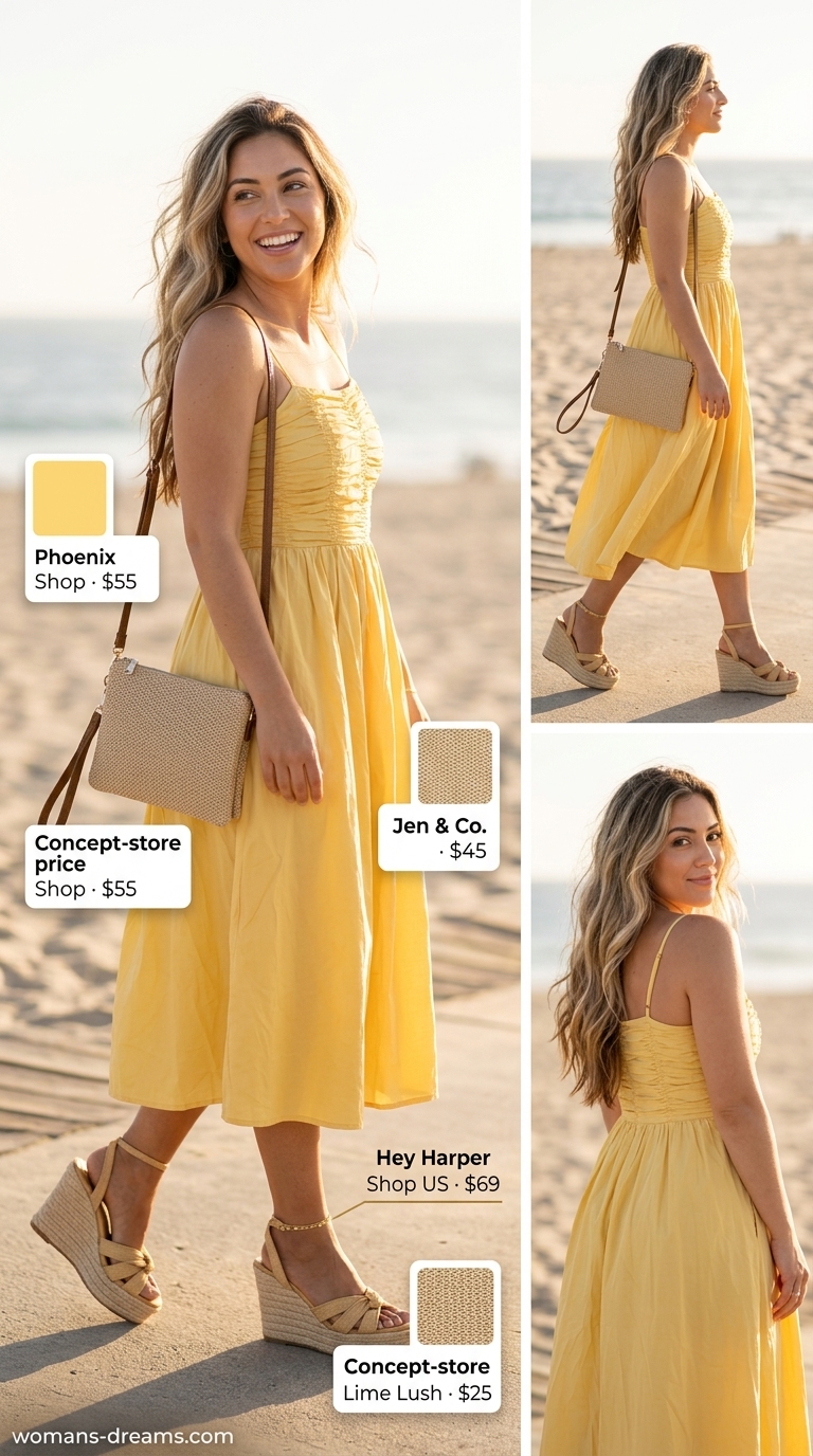 Sunshine sundress outfit: Yellow midi sundress, espadrille wedges, woven bag, gold anklet. Summer must-have wardrobe outfits for women 2026.
