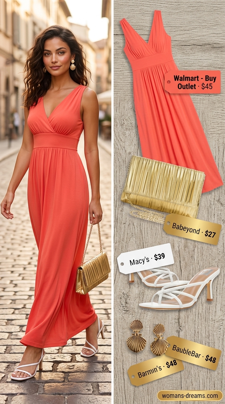 Coral maxi dress with gold accessories for summer must have wardrobe outfits for women 2026.