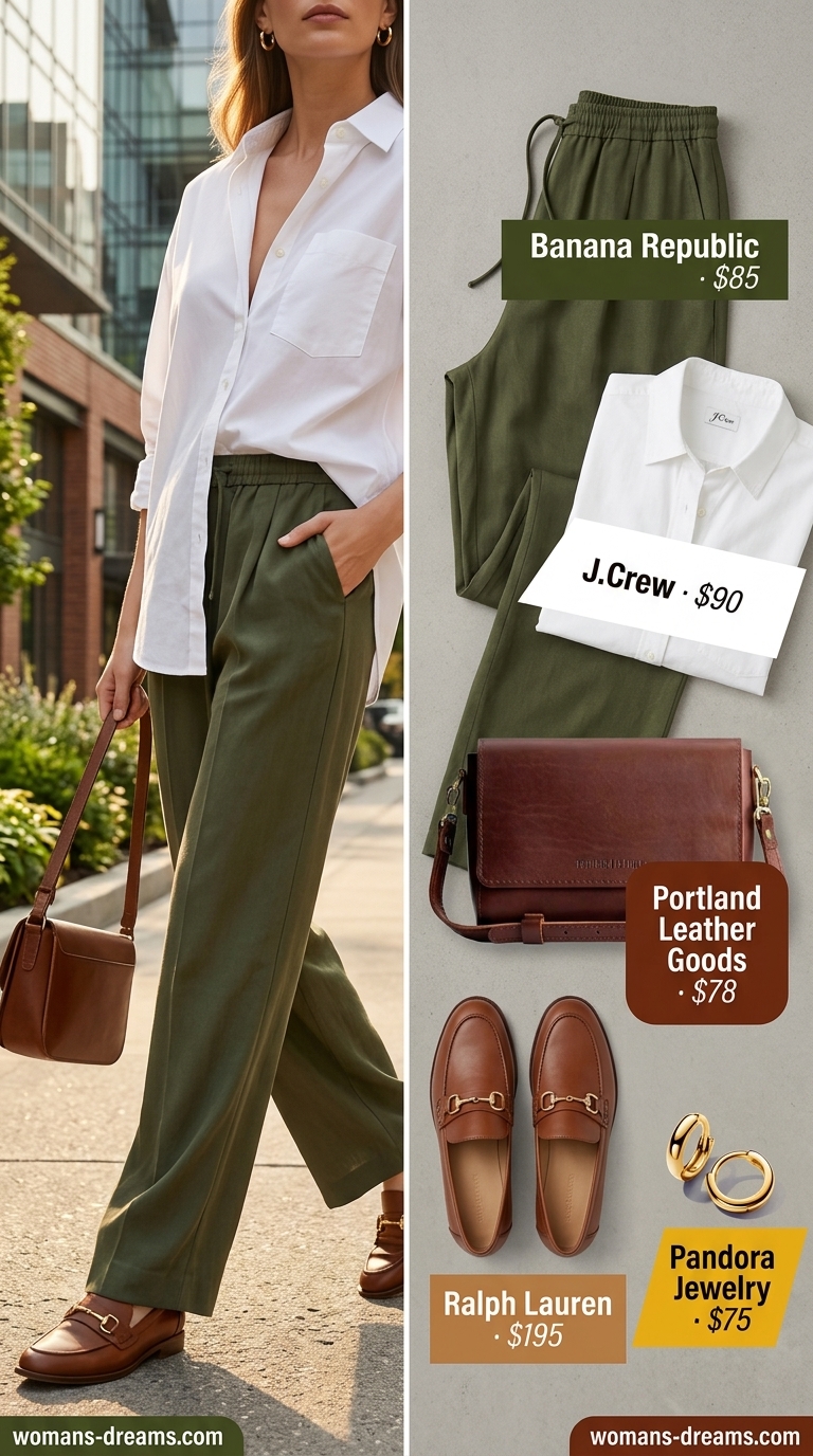 Urban oasis outfit: Olive green wide-leg pants, white button-down shirt, leather loafers. Summer must-have wardrobe outfits for women 2026.