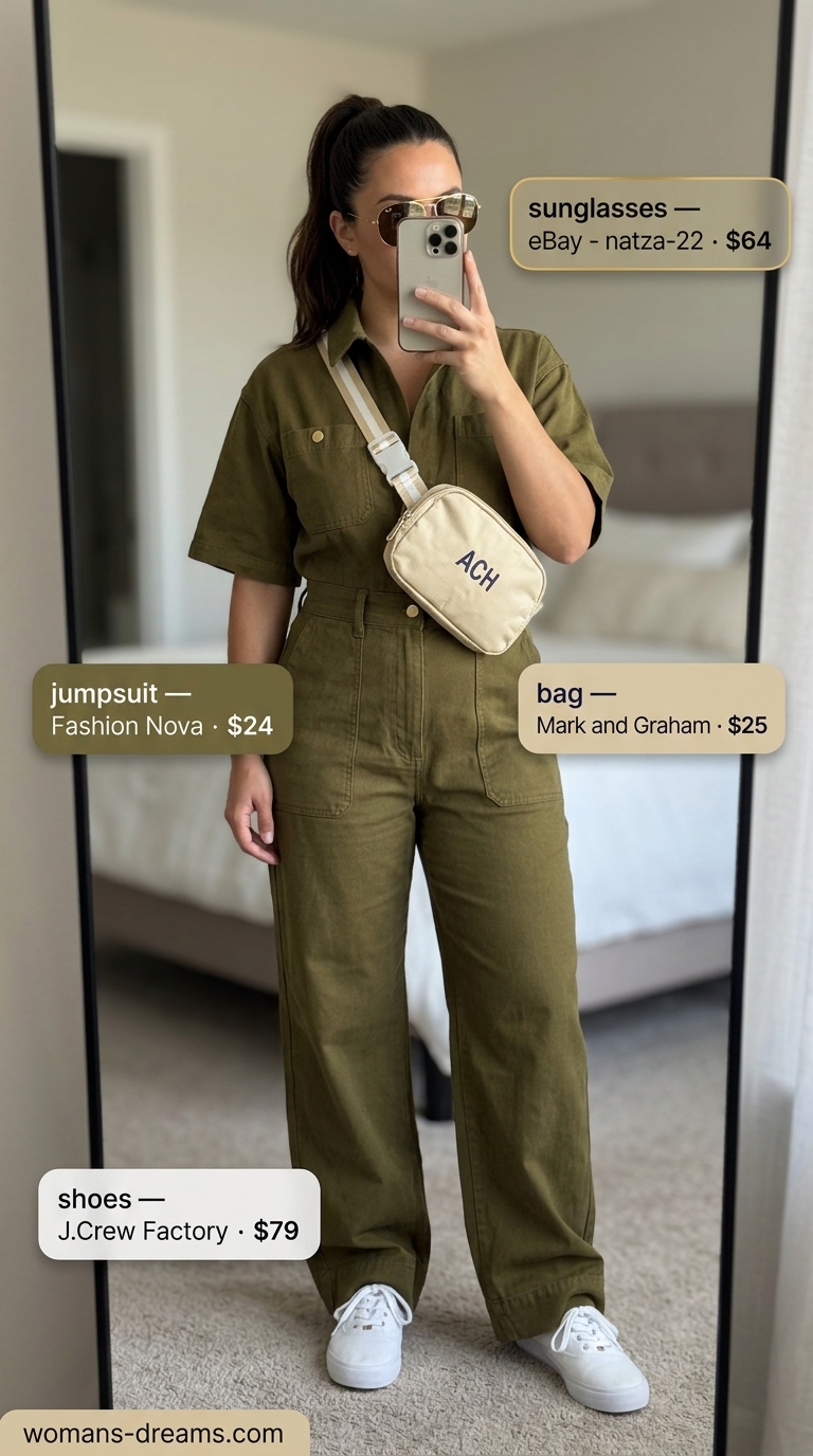 Olive green utility jumpsuit for women, perfect for weekend getaways and casual days in 2026.