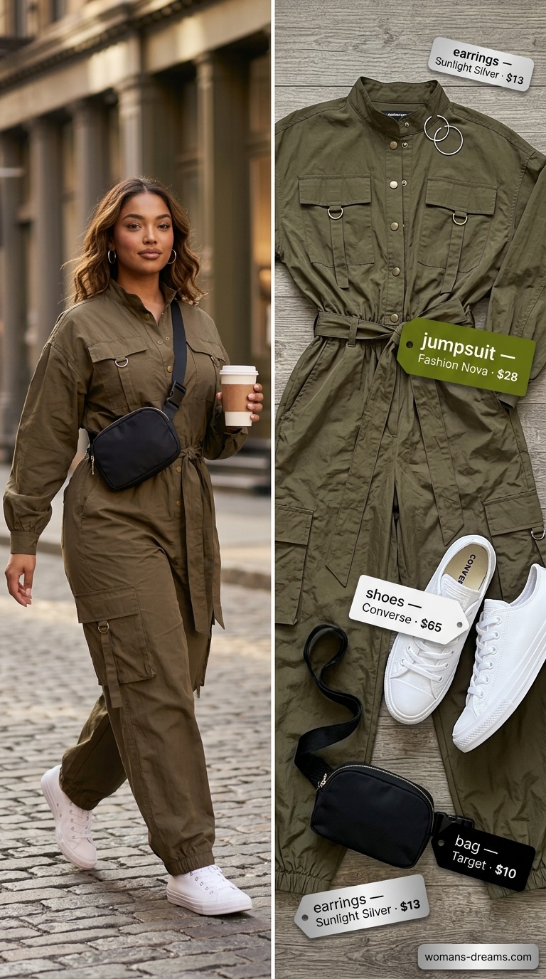 Olive green utility jumpsuit for women, perfect for weekend travel and casual days in 2026.