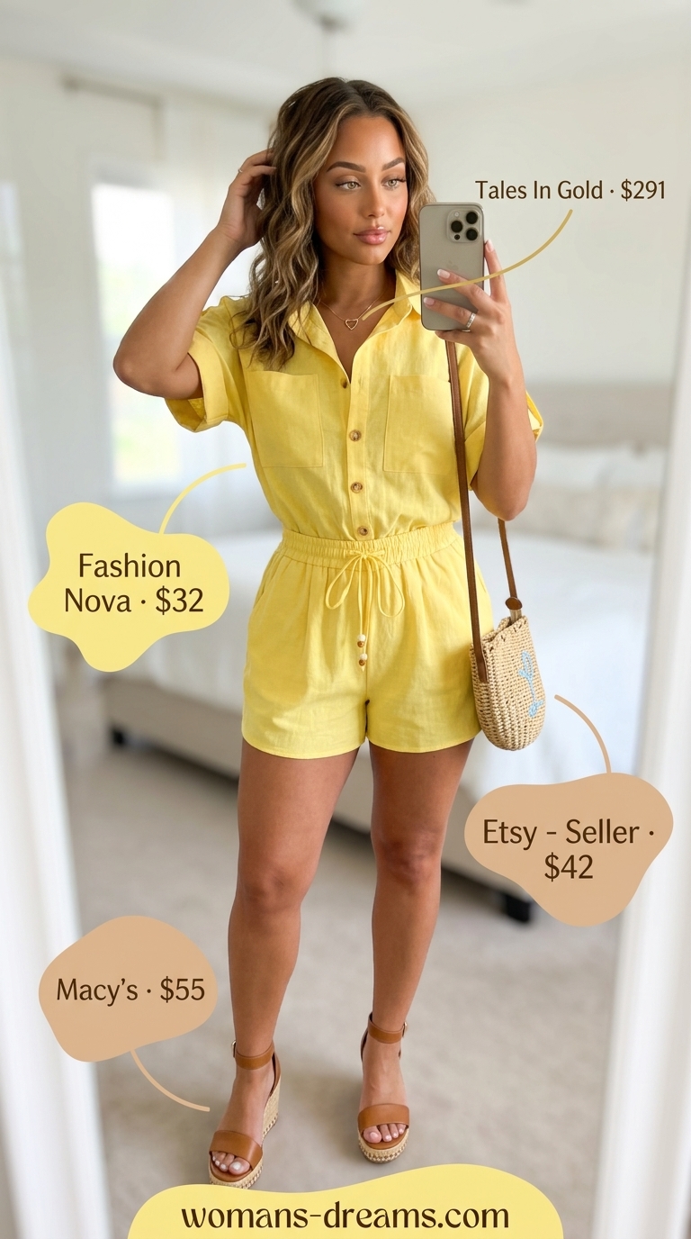 Bright yellow romper for women, perfect for summer day outs and picnics in 2026.