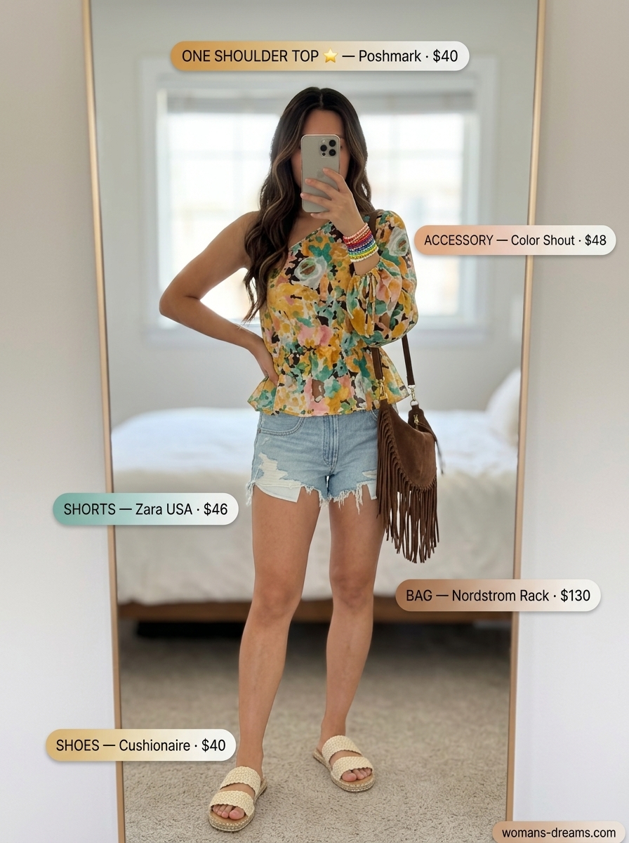 Boho beach summer one shoulder neck outfits for women 2026: floral peasant top, distressed denim shorts.