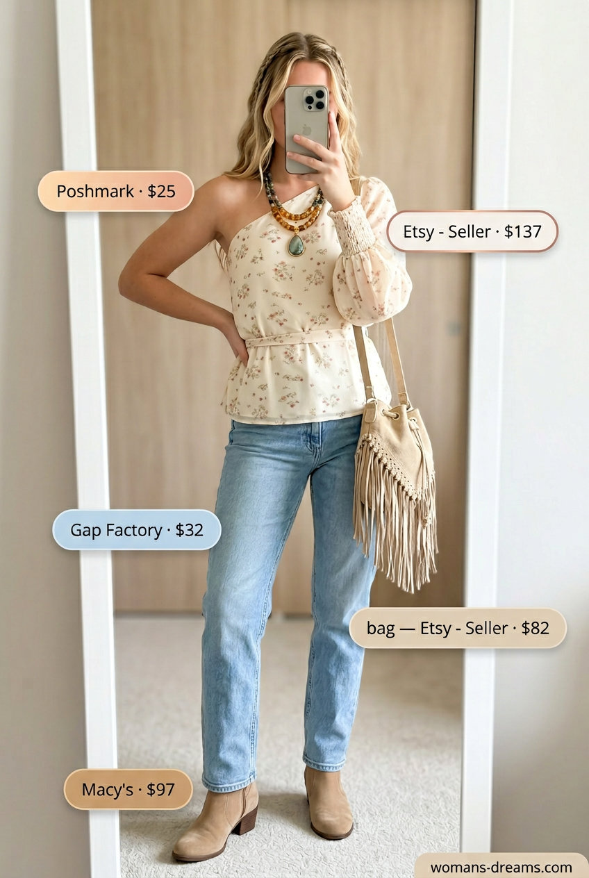 Boho summer one shoulder neck outfits for women 2026: floral top, light wash denim.