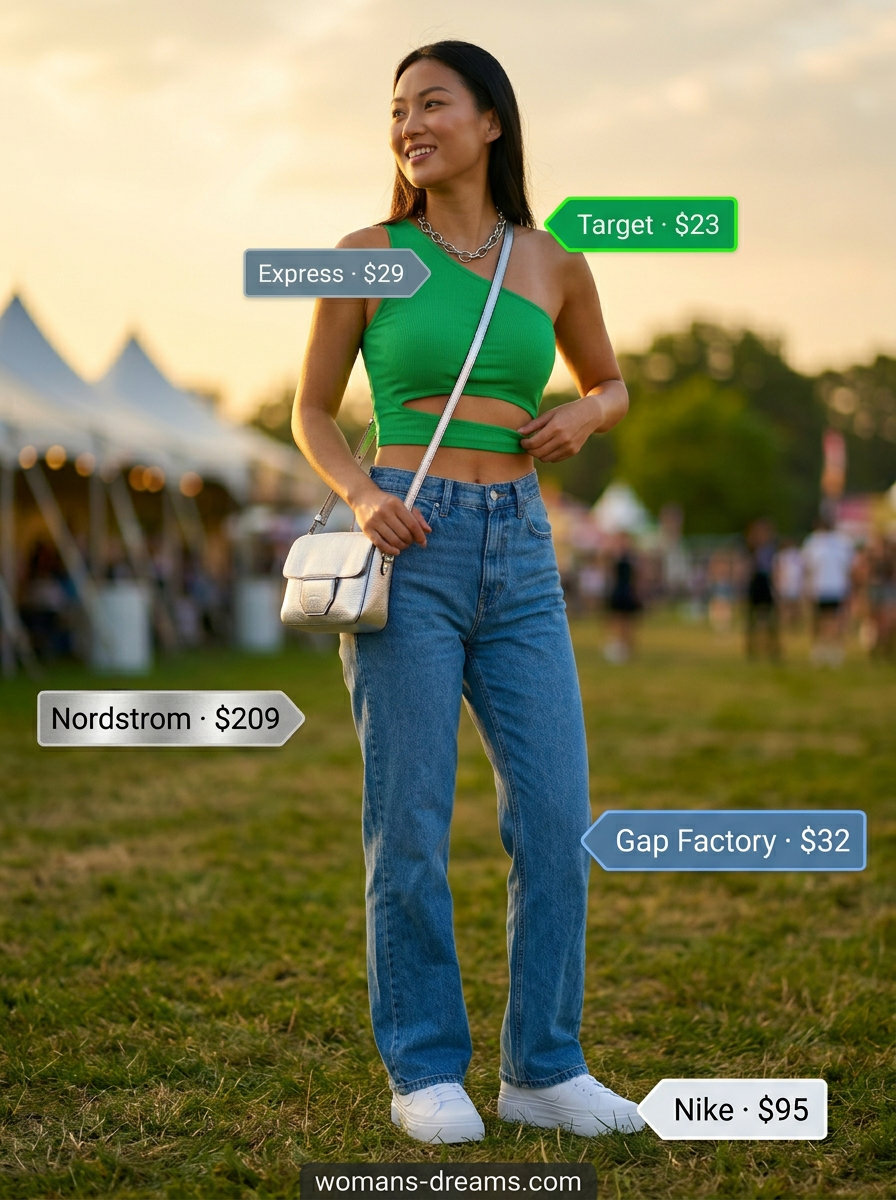 Bold electric green one-shoulder top with white jeans for summer One Shoulder Neck outfits for women 2026.