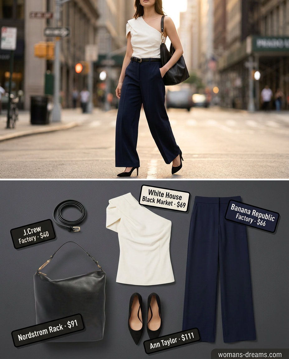 Sophisticated navy wide-leg trousers with cream one-shoulder top for summer One Shoulder Neck outfits for women 2026.