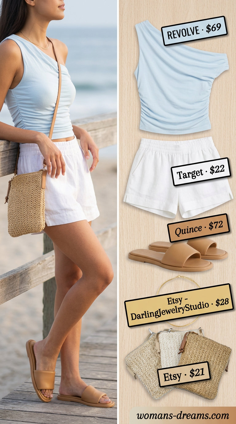 Coastal breeze summer one shoulder neck outfits for women 2026: sky blue knit top, white shorts.