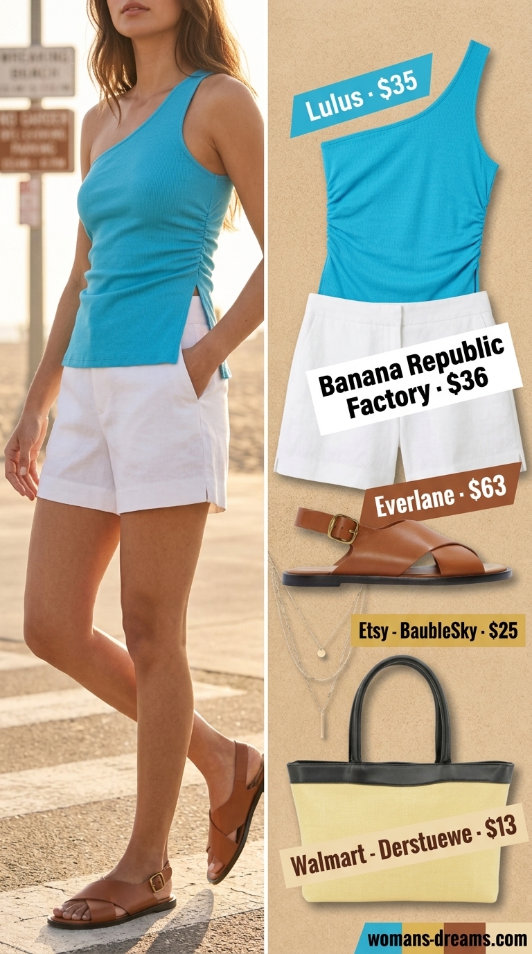 Ocean blue one-shoulder tank with white linen shorts for a relaxed coastal summer outfit 2026.