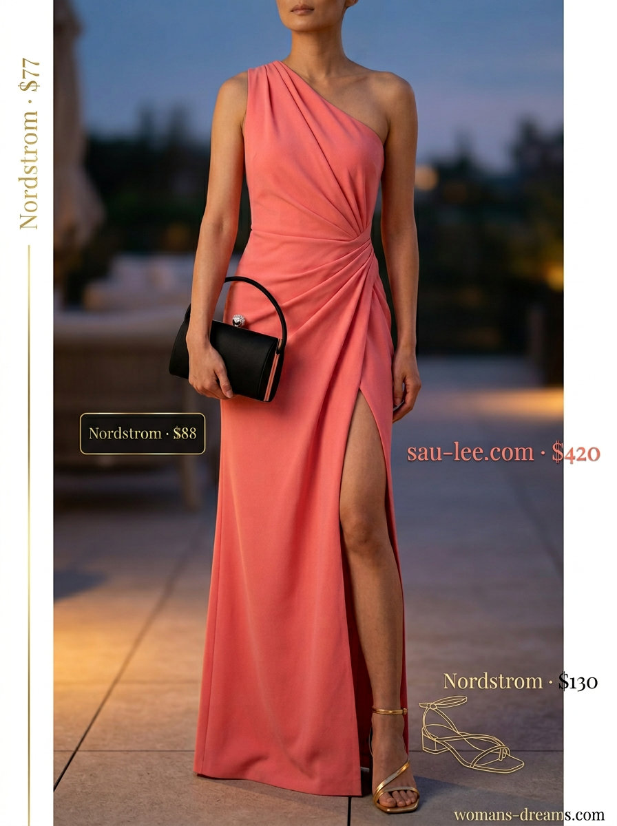 Sunset soiree summer one shoulder neck outfits for women 2026: coral maxi dress, gold earrings.