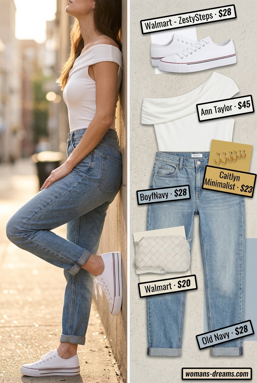 Effortless cream one-shoulder top with light wash jeans for summer One Shoulder Neck outfits for women 2026.