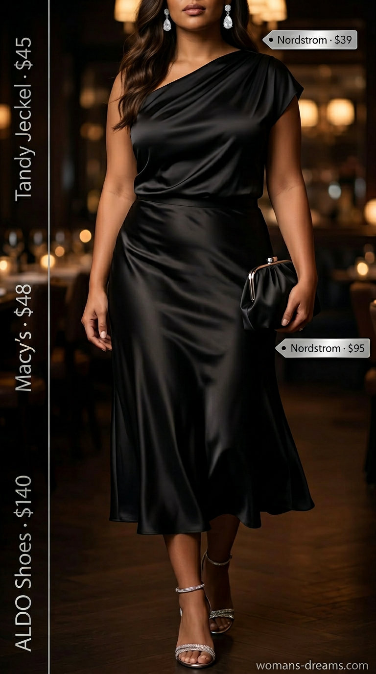 Elegant black satin one-shoulder top with silver earrings for summer One Shoulder Neck outfits for women 2026.