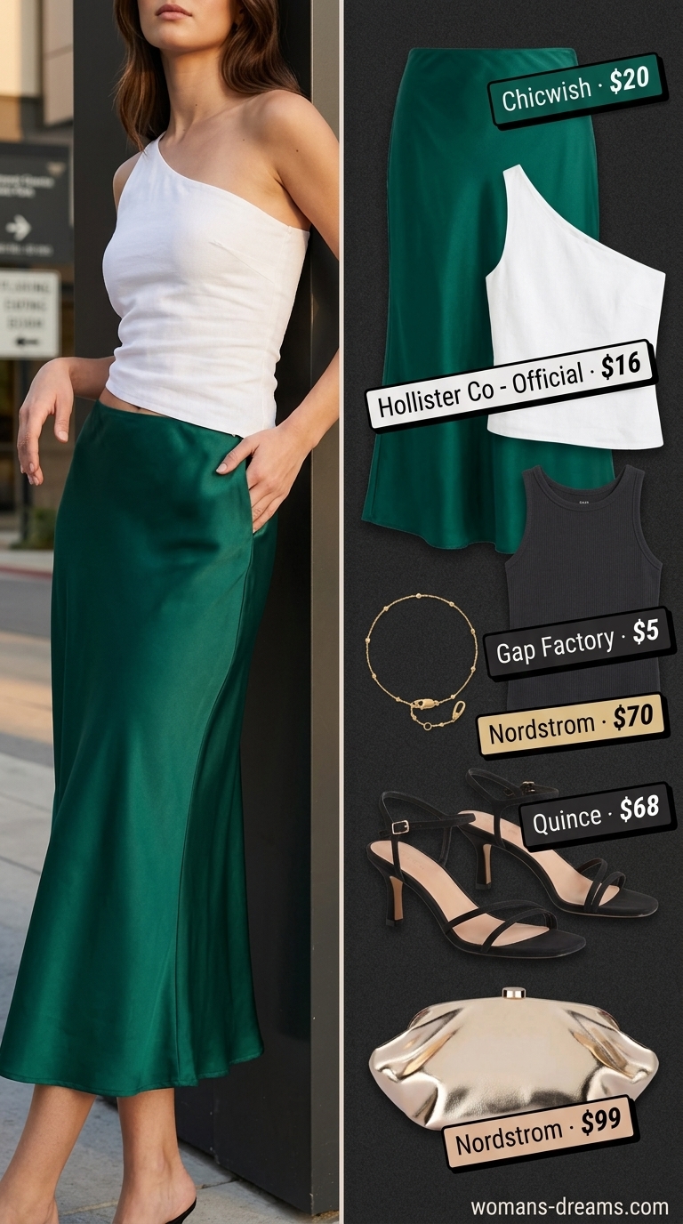 Sophisticated summer one shoulder neck outfits for women 2026: emerald green satin skirt, black top.