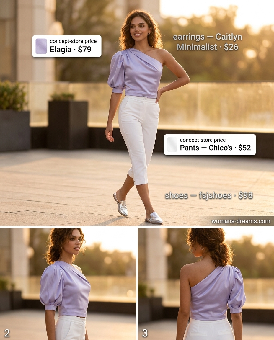 Lavender one-shoulder blouse with white capri pants and silver mules for a chic summer evening outfit 2026.