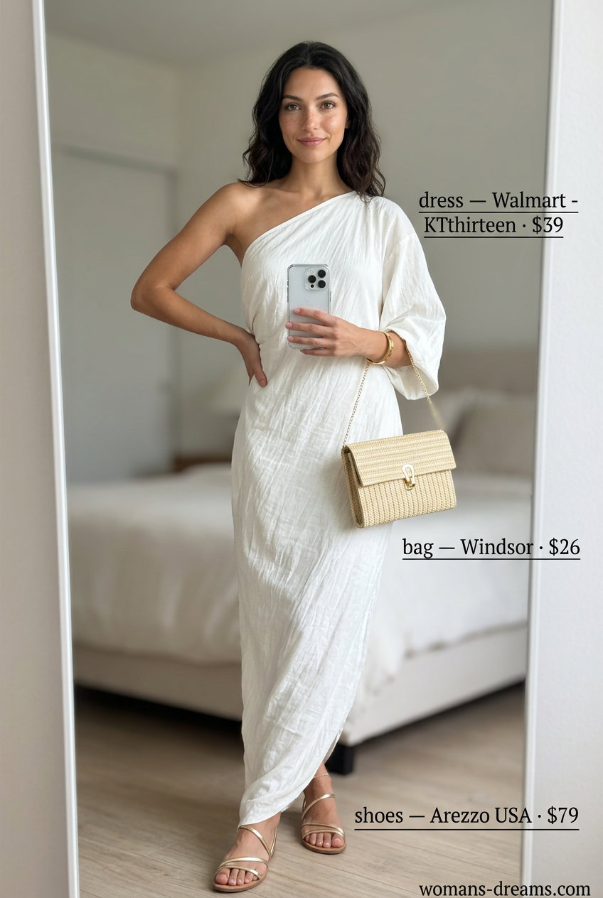 Grecian Goddess summer one shoulder neck outfits for women 2026: white linen maxi dress, gold cuff.