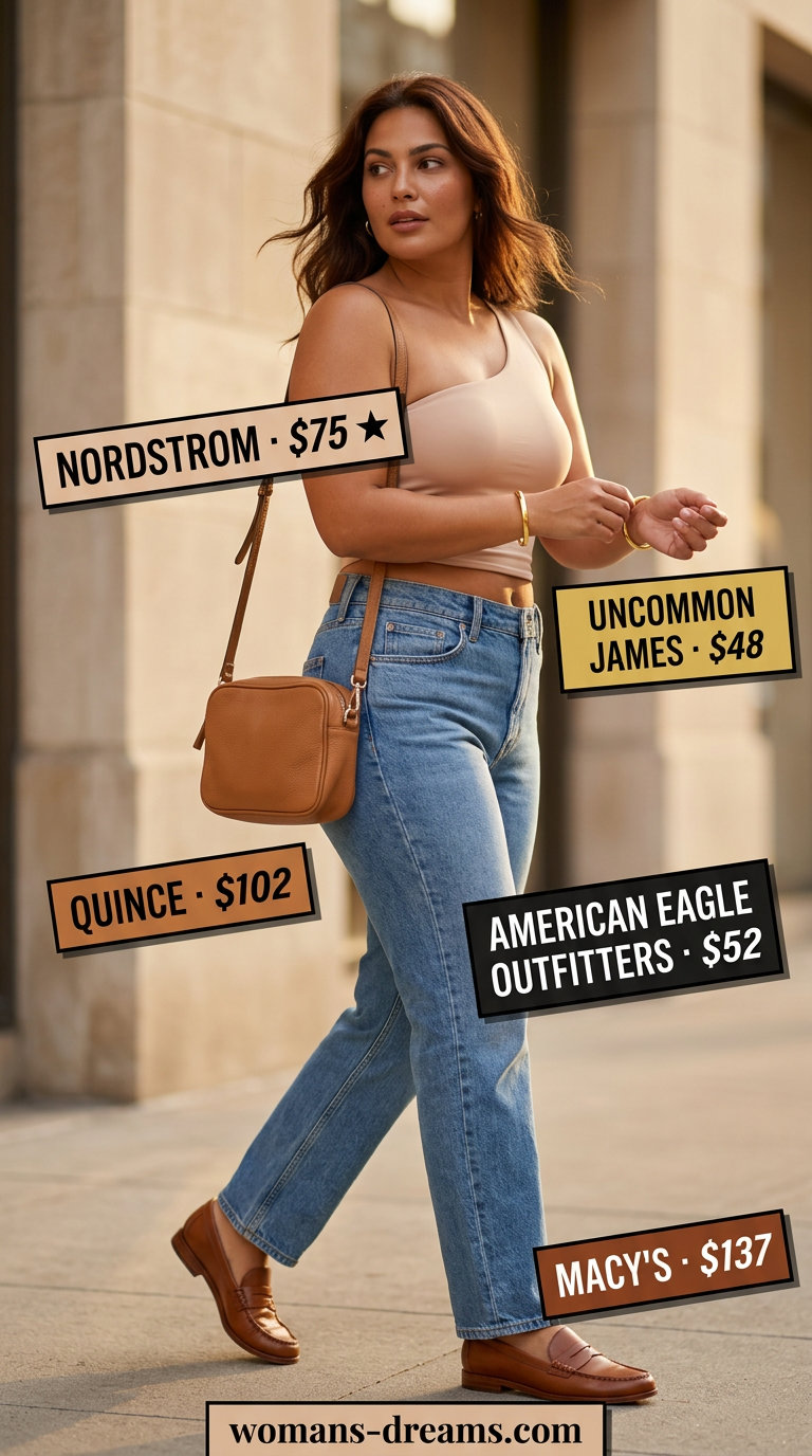 Modern minimalist summer one shoulder neck outfits for women 2026: beige bodysuit, denim jeans.
