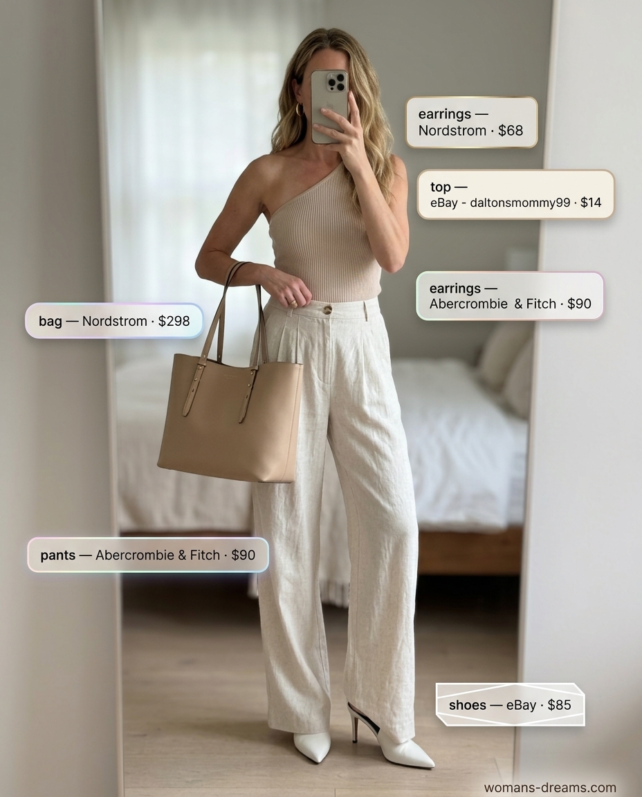 Beige one-shoulder top with cream wide-leg trousers for a minimalist chic business casual outfit 2026.