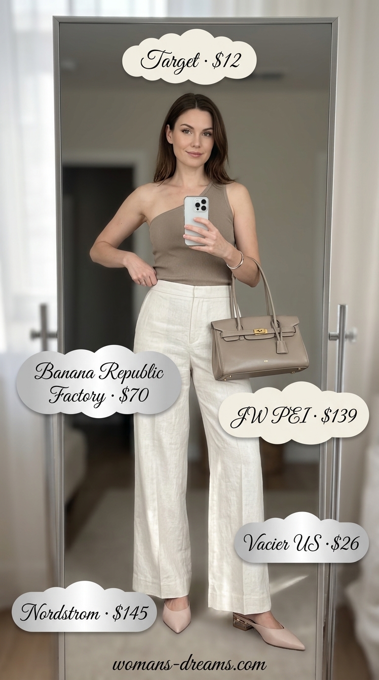 Modern minimalist summer one shoulder neck outfits for women 2026: taupe knit top, cream trousers.