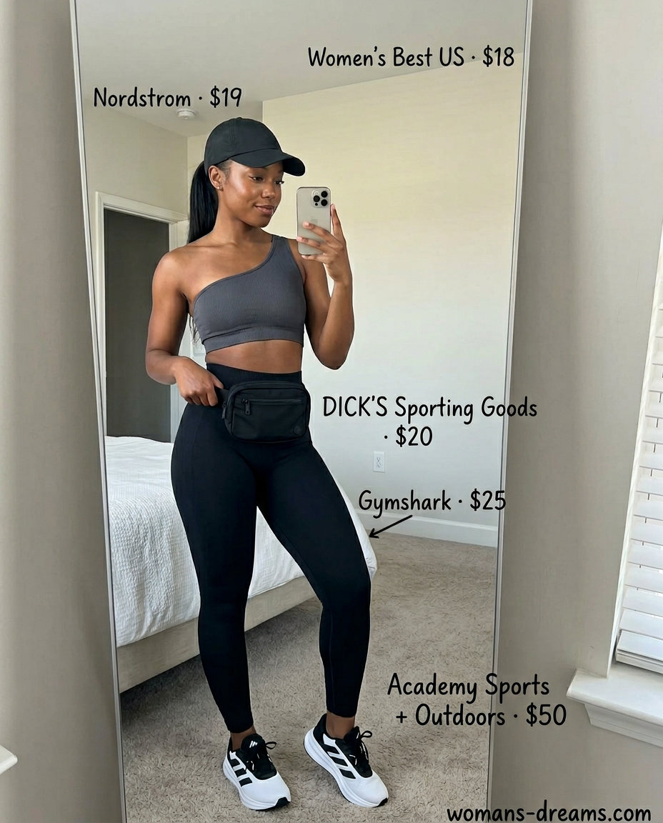Charcoal grey one-shoulder sports bra with black leggings for modern athleisure outfits 2026.