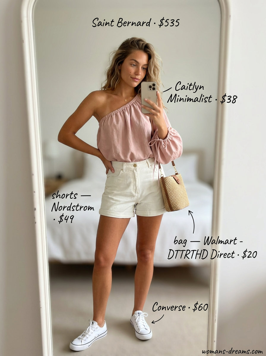 Playful summer one shoulder neck outfits for women 2026: blush pink top, white denim shorts, straw bag.
