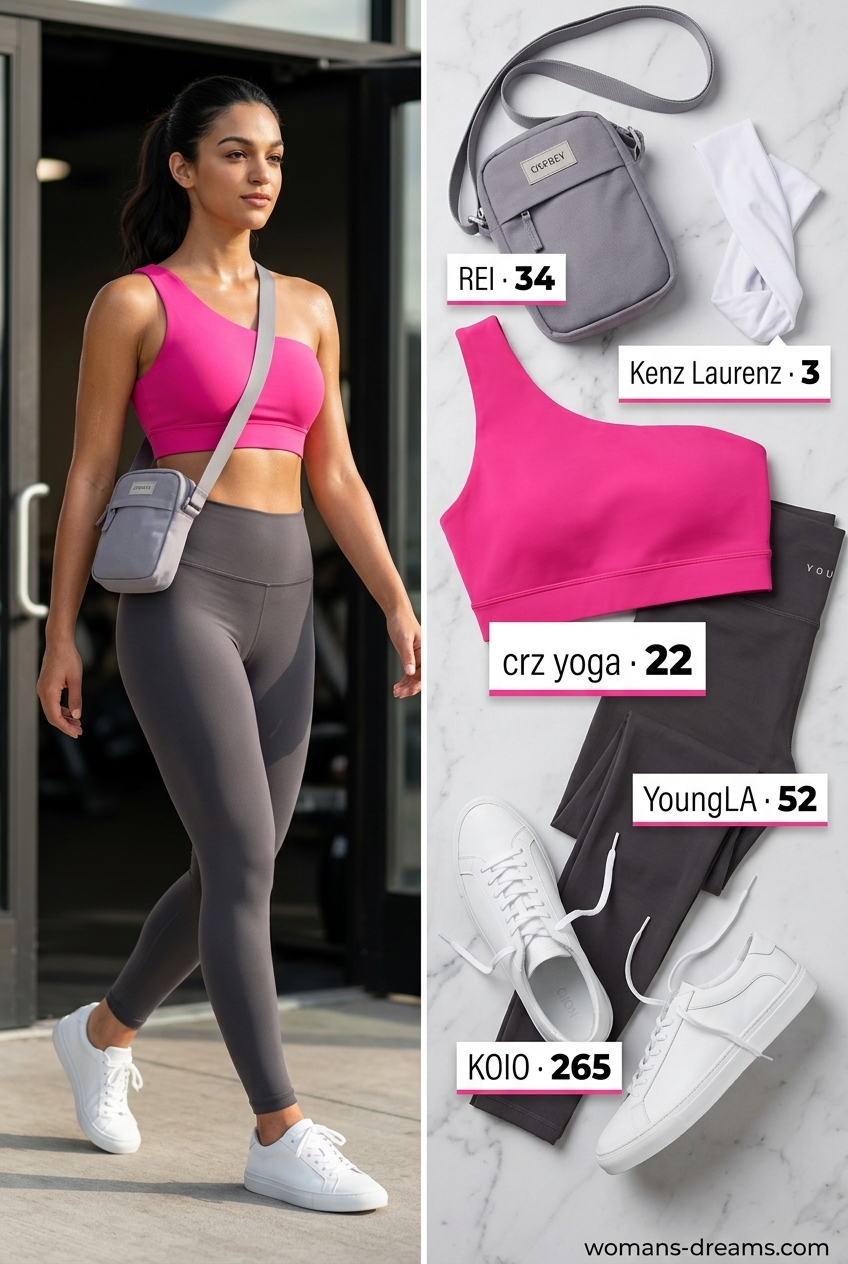 Electric pink one-shoulder sports bra with grey leggings for sporty chic athleisure outfits 2026.