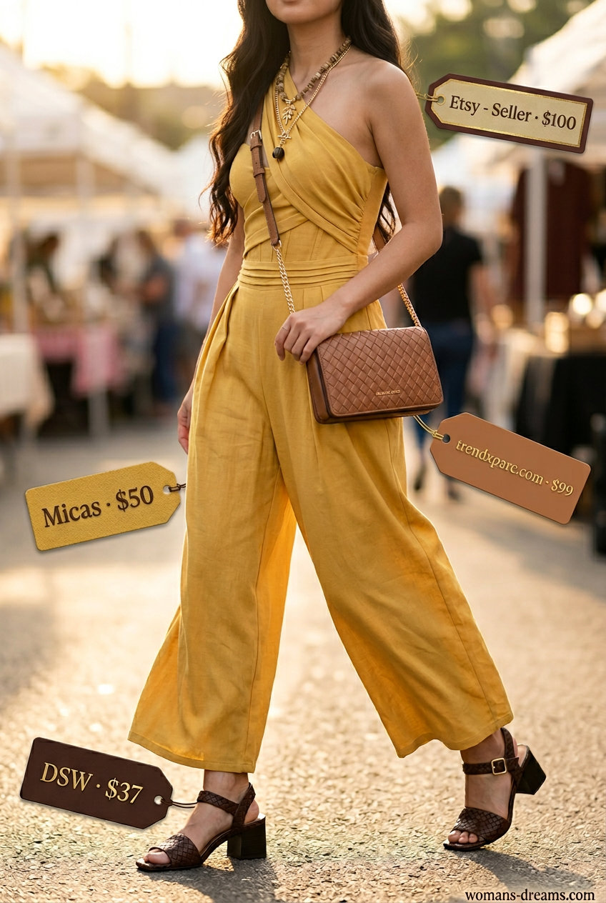 Stylish mustard yellow one-shoulder jumpsuit for summer One Shoulder Neck outfits for women 2026.