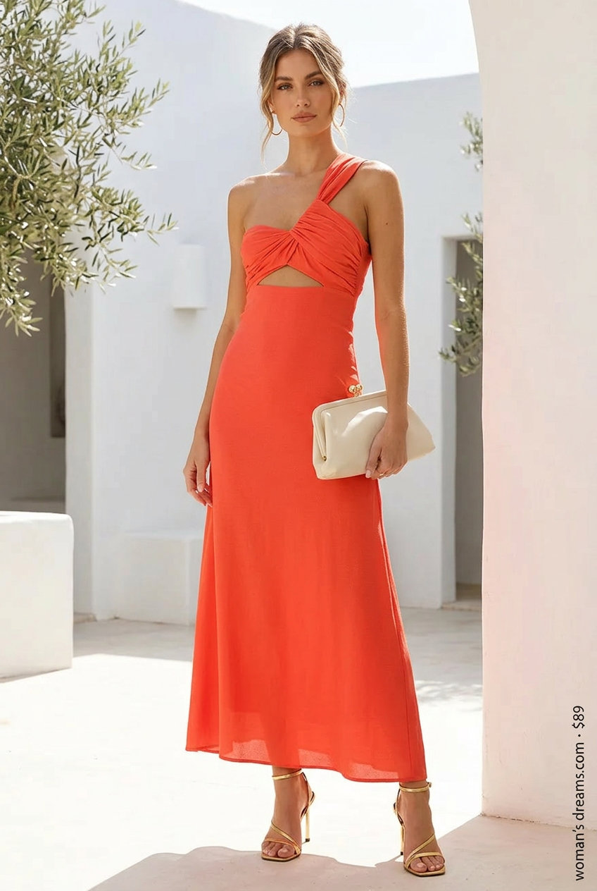 Vibrant coral one-shoulder maxi dress for summer One Shoulder Neck outfits for women 2026.