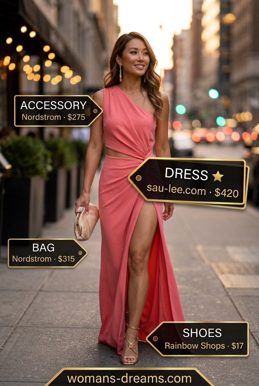 Vibrant coral one-shoulder maxi dress for summer One Shoulder Neck outfits for women 2026.