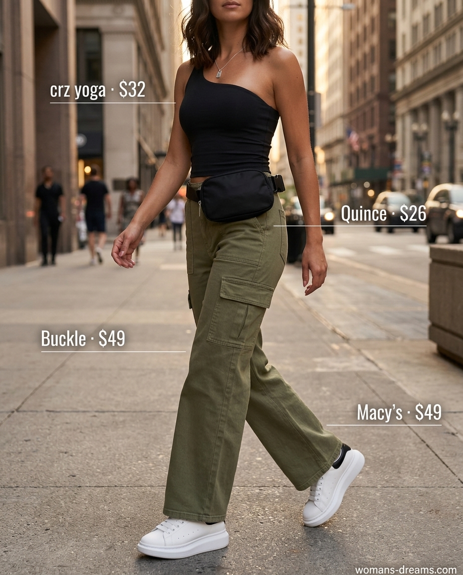 Olive green cargo pants with black one-shoulder crop top for edgy urban streetwear outfits 2026.