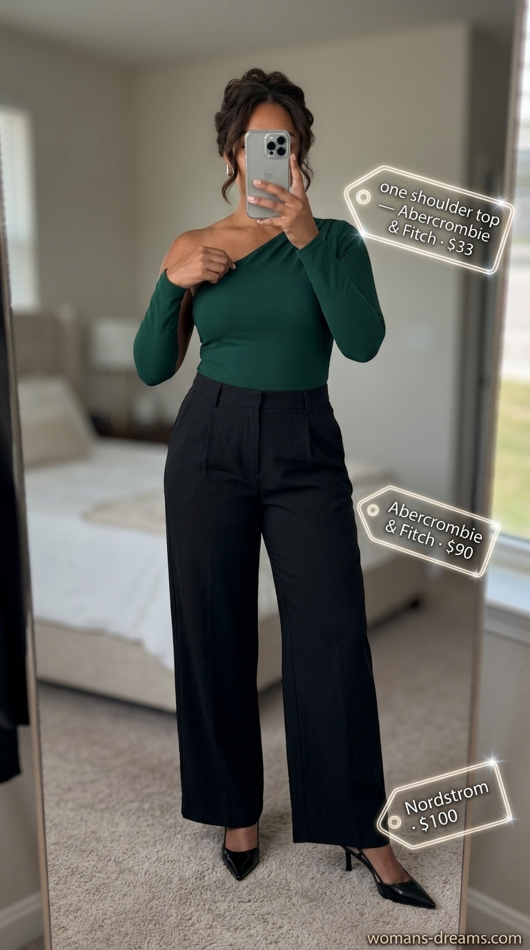 Chic emerald green one-shoulder top with black trousers for summer One Shoulder Neck outfits for women 2026.