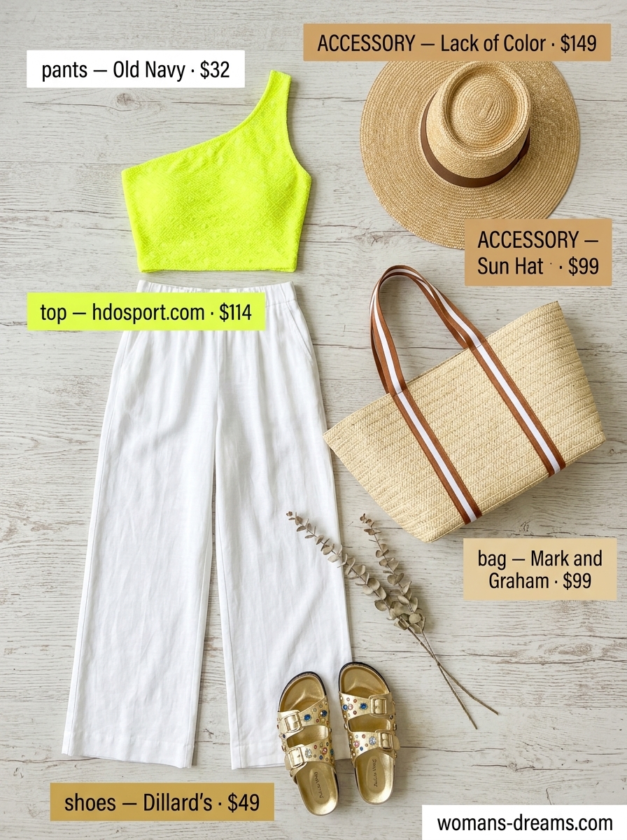Vacation ready summer one shoulder neck outfits for women 2026: yellow swimsuit top, palazzo pants.