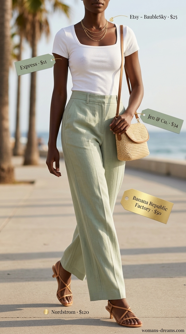 Summer outfits black woman 2026: Sage green linen pants, cream crop top, gold necklaces for a chic brunch look.