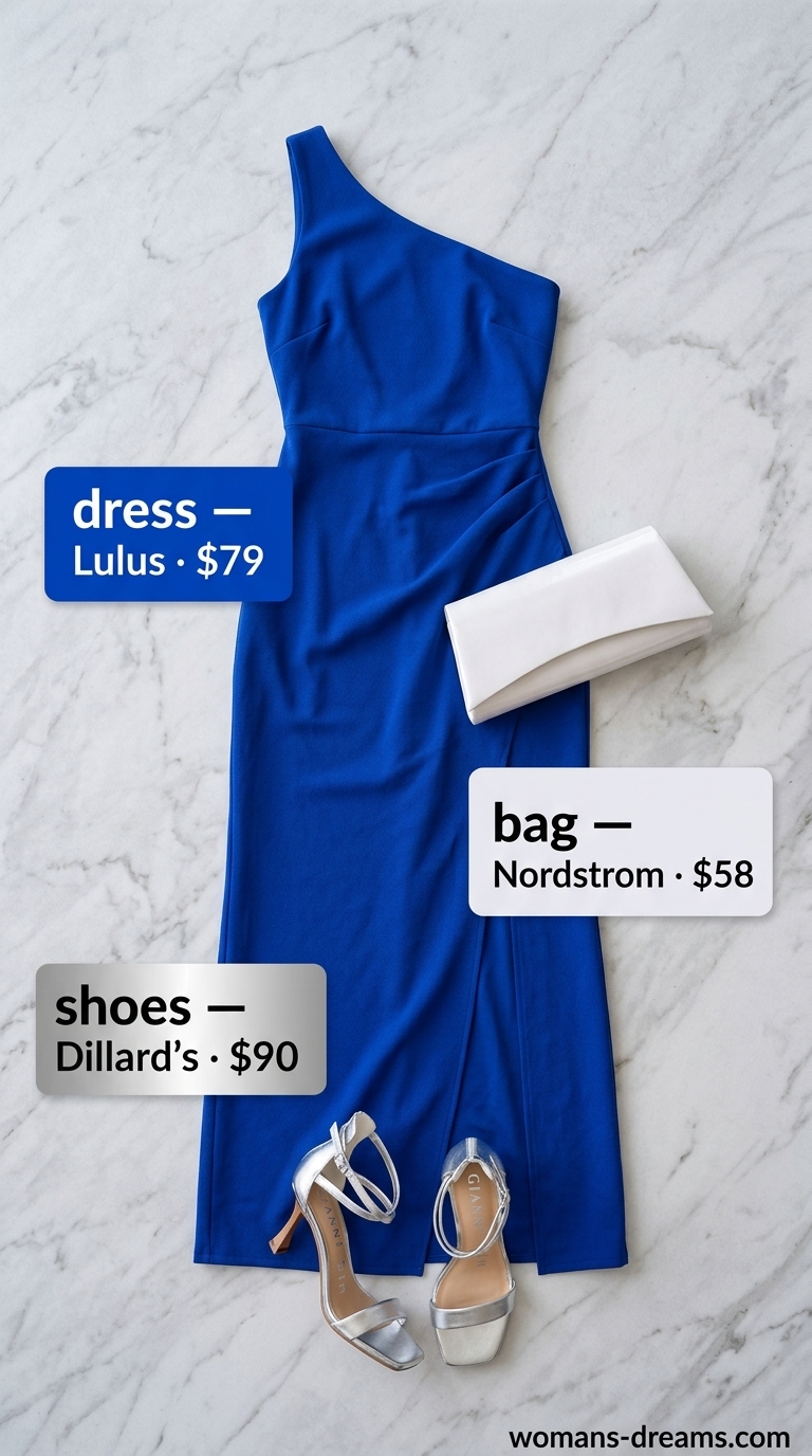 Summer outfits black woman 2026: Cobalt blue one-shoulder maxi dress with silver accessories for a vacation gala.