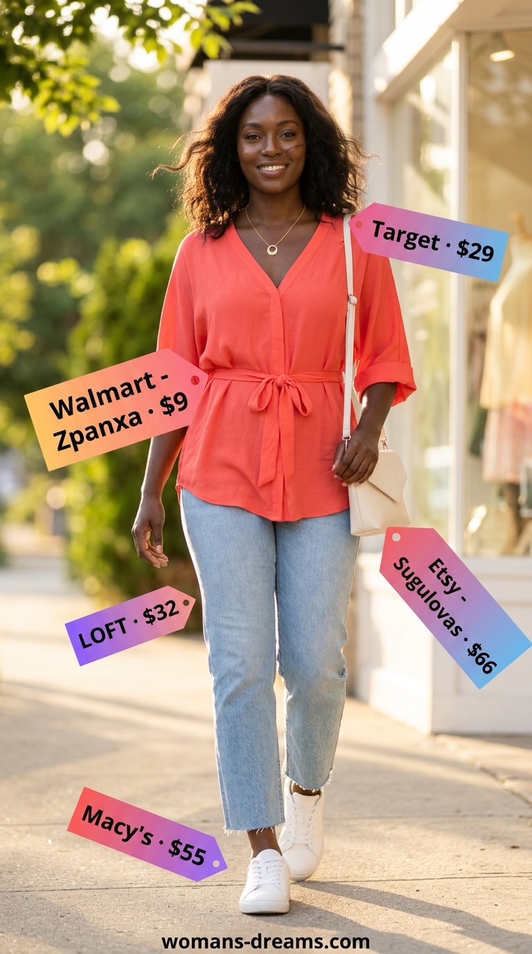 Summer outfits black woman 2026: Coral top tied at waist, light wash jeans, white sneakers for a fresh casual look.