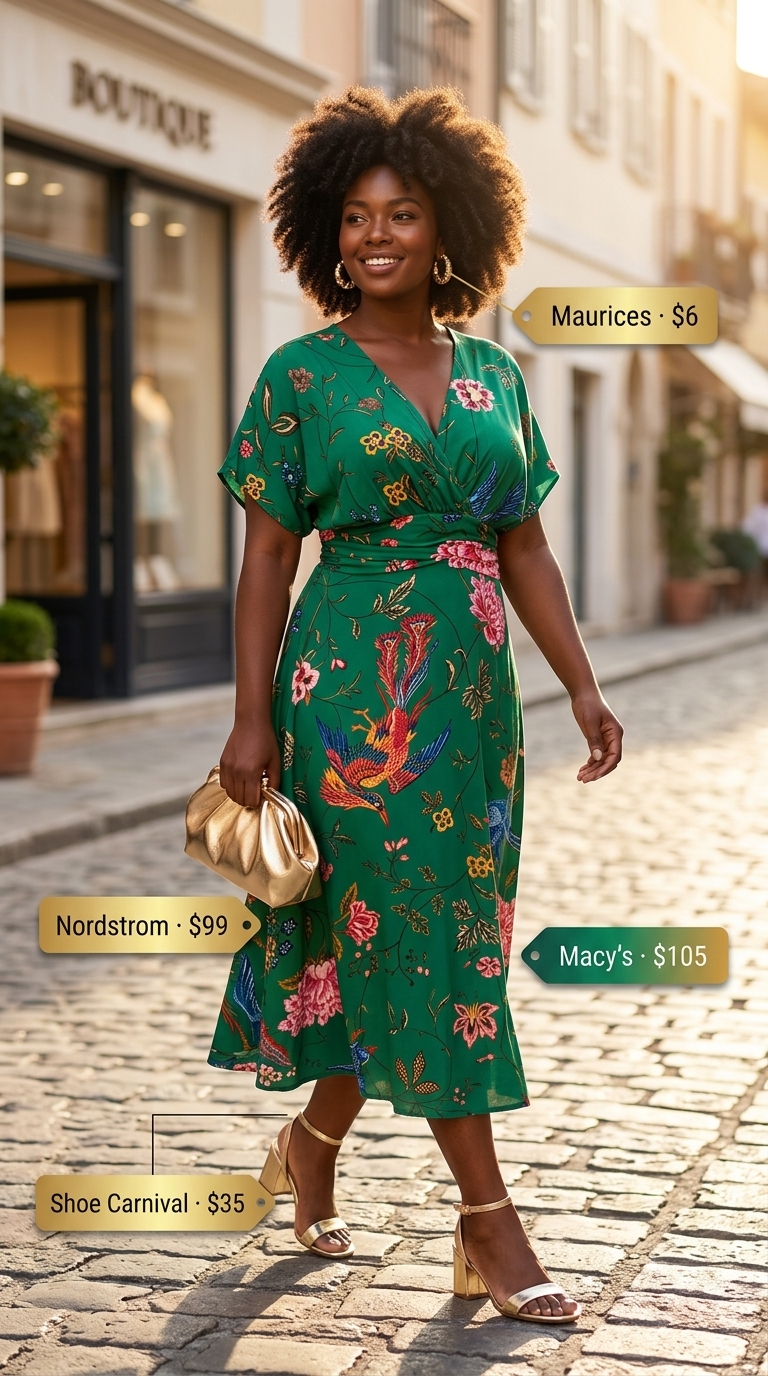 Summer outfits black woman 2026: Emerald green floral wrap dress with gold accessories for a tropical dinner.