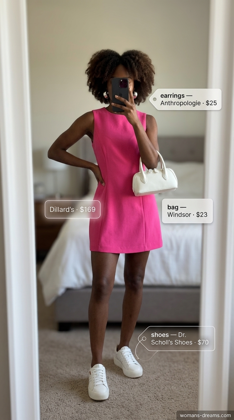 Summer outfits black woman 2026: Hot pink mini dress, white sneakers, silver hoops for a playful festival look.