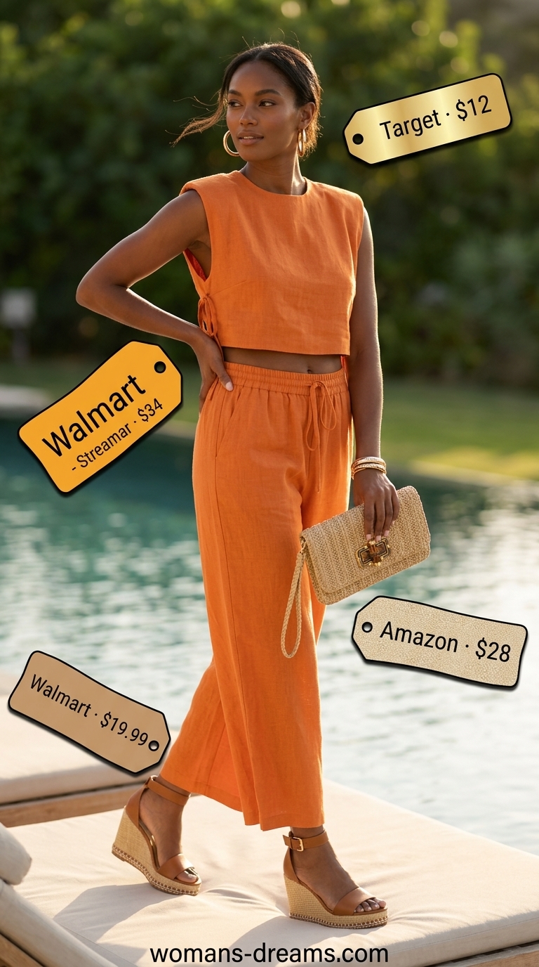 Summer outfits black woman 2026: Bright orange linen set, gold anklet, wedge sandals for a glamorous resort look.