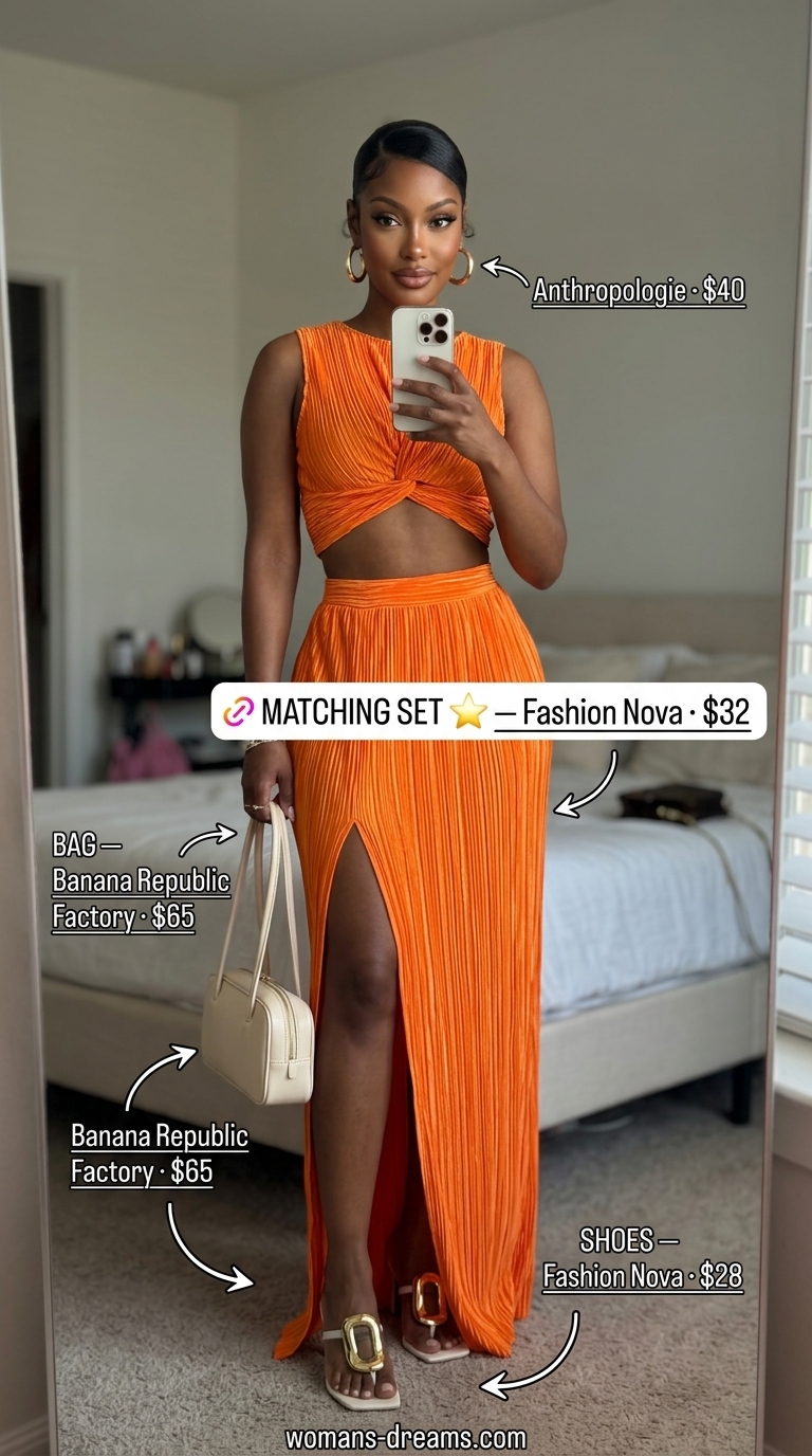 Summer outfits black woman 2026: Bold orange crop top and midi skirt set with gold hoops for a chic dinner date.