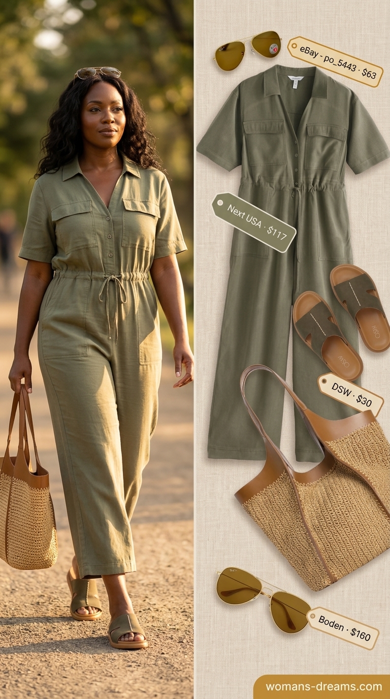 Summer outfits black woman 2026: Khaki utility jumpsuit, wooden bangles, straw tote, and flat sandals for a chic day trip.