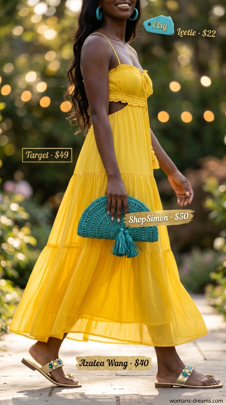 Summer outfits black woman 2026: Sunshine yellow maxi dress, gold sandals, raffia clutch for a celebratory event.